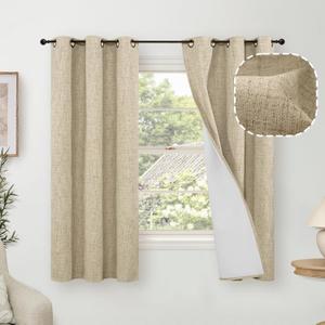 Linen Blackout Curtains for Bedroom Narrow Window, Thermal Insulated Complete Light Blocking Privacy Soundproof Small Curtains for Basement, Each 38 Inch Wide 63 Inch Length 2 Panels, Burlap