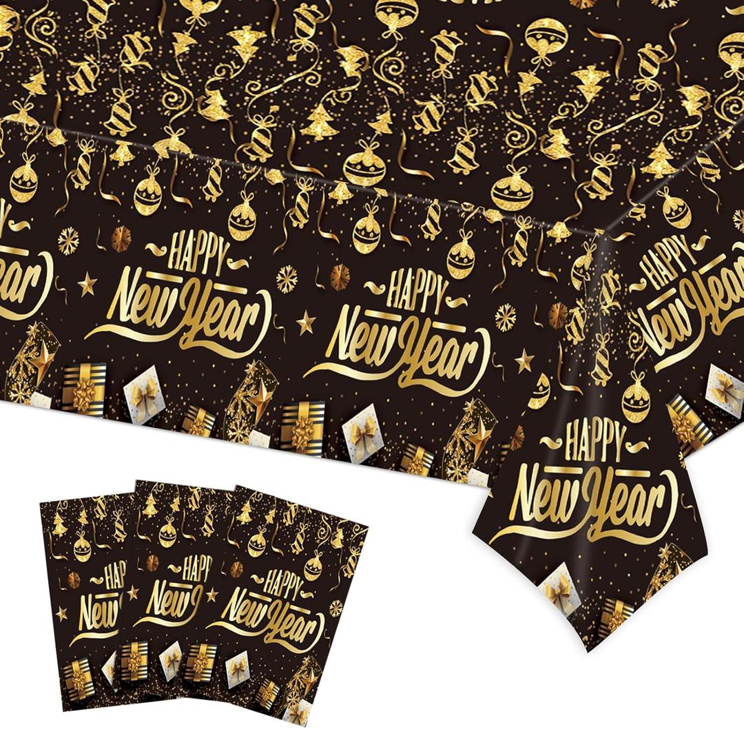 3 x 3Pcs Happy New Year Tablecloths,Black and Gold Table Covers Disposable Plastic Waterproof Tables Cover for 2026 New Year Table Supplies