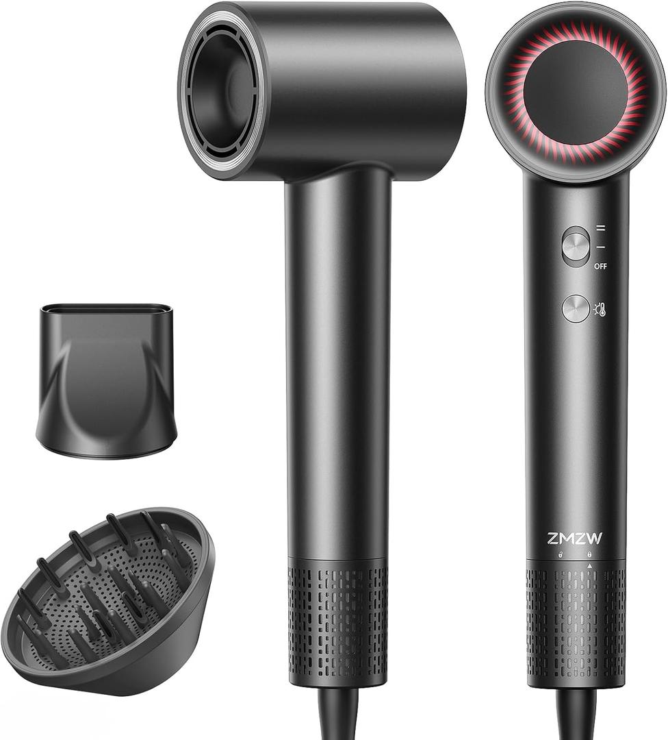 High Speed Ionic Hair Dryer, 160,000 RPM Brushless Motor Blow Dryer for Fast Drying, 500M Negative Ions for Frizz-Free Hair, Smart Heat Control, Low Noise Lightweight with Magnetic Diffuser & Nozzle