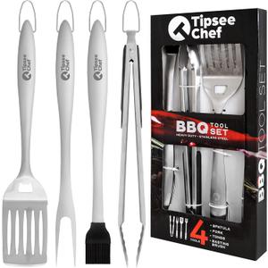 Tipsee Chef BBQ Tool Set - 4 Piece Grill Set - Barbeque Grilling Accessories: Spatula with Built-in Bottle Opener and Serrated Edge, BBQ Tongs, Fork & Brush