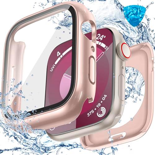 3 in 1 Goton Waterproof Hard Case for Apple Watch Screen Protector 41mm, 360° Slim Full Protective Tempered Glass Face Cover + Back Hard PC Bumper for iWatch Series 9/8/7, 41mm Rose Gold