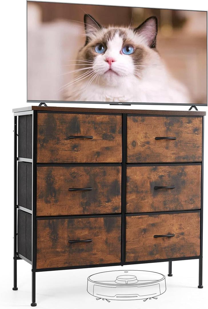 Sweetcrispy Dresser for Bedroom with 6 Storage Drawers, Fabric Storage Tower Organizer, Chest of Drawers with Metal Frame Wooden Top for Closet, Living Room, Entryway, Rust Brown