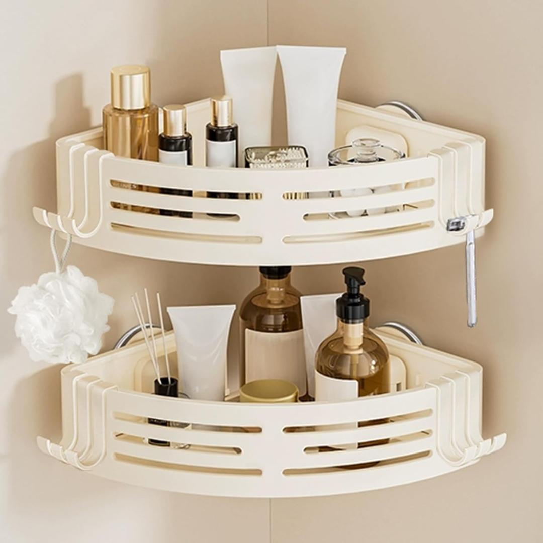 Conworld Corner Shower Caddy Suction Cups, Corner Shower Shelf With a Towel Bar, Shower Organizer Suction for Bathrooms Storage with Hooks, No-Drilling Removable (Aluminum, 2-Pack, Cream)