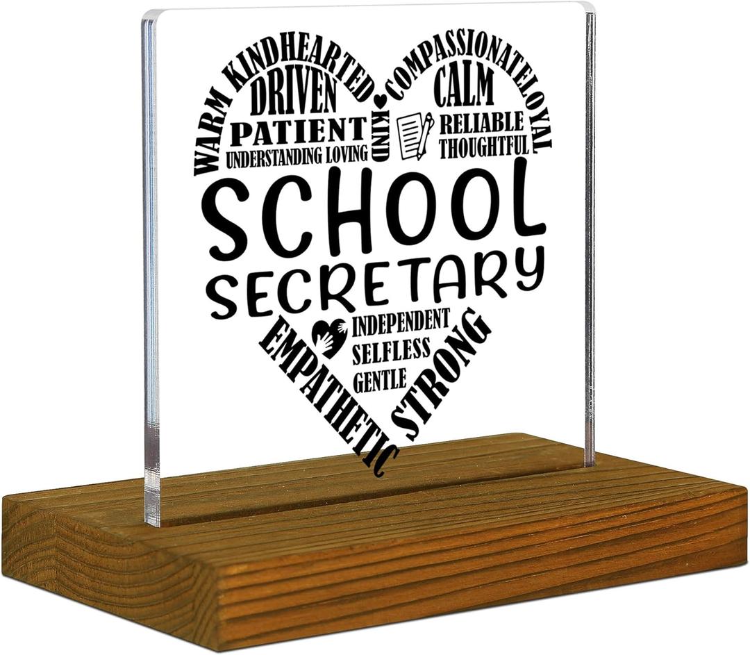 School Secretary Gifts, Secretary Appreciation Gifts, School Office Assistant Office Gifts, Thank You Gifts for School Secretary, Acrylic Desk Decor Sign with Wood Stand - FSA159