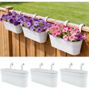 SYITCUN Metal Railing Planter Boxes 16 Inch, 3-Pack Adjustable Hanging Flower Pots for Balcony, Deck, Porch & Fence, Detachable Hook Design, White Heavy Duty Planters for Outdoor