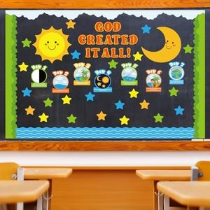 Mooliwe 7 Days of Creation Christian Bulletin Board Set Religious Classroom Bulletin Board Cutouts Decor for Classroom Chalkboard Sunday School Church Supplies Wall Decor