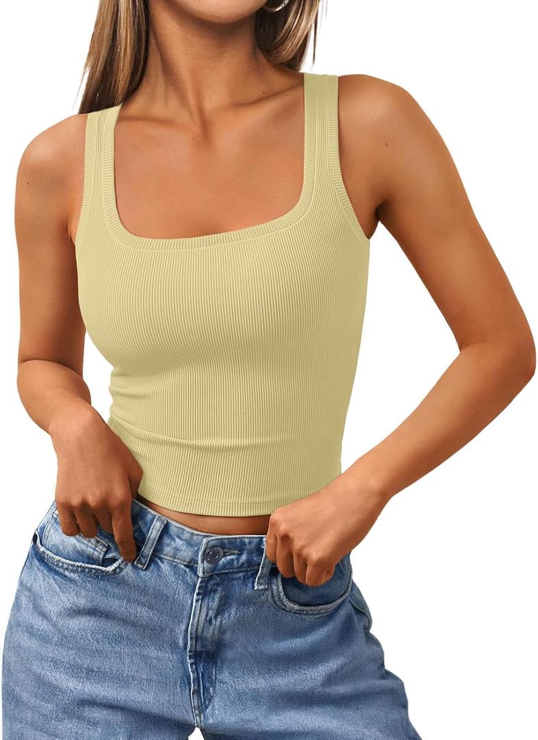 Trendy Queen Womens Square Neck Tank Tops Workout Summer Camisole Sleeveless Tops Beach Spring Clothes 2024 Beige, Small