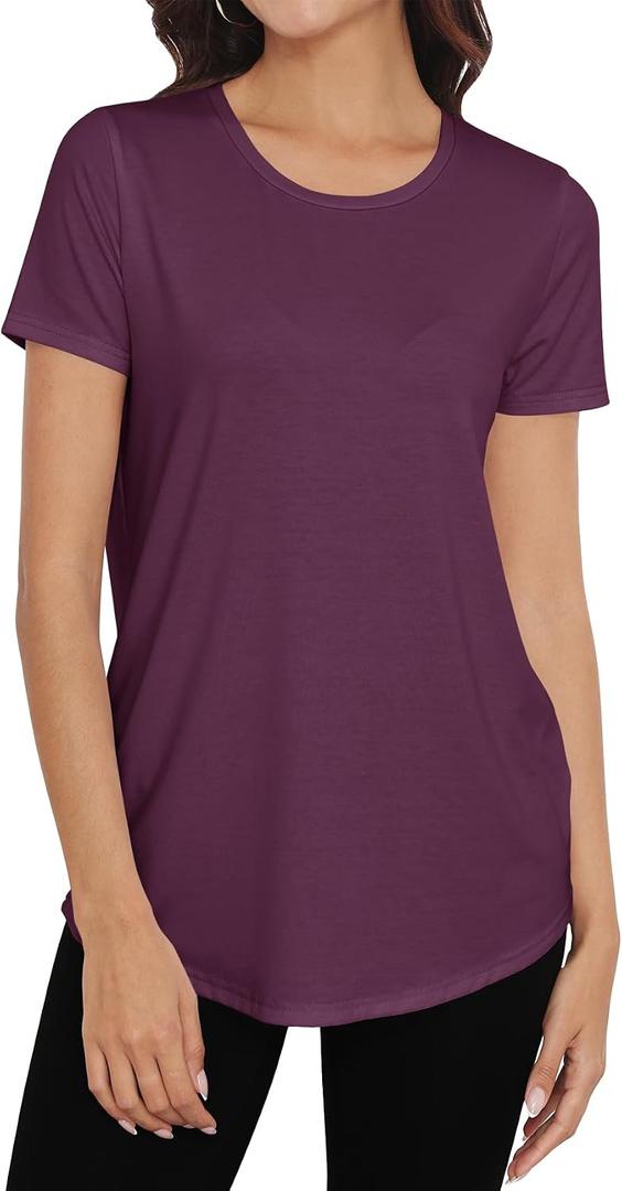 Smile Fish Women Crewneck Loose Fit Tunic Tops Short Sleeve Dressy Casual Summer Long Tee Shirts to Wear with Leggings Cotton Burgundy Red, L