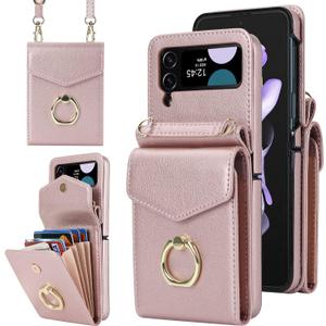 Asuwish Phone Case for Samsung Galaxy Z Flip 3 5G 2021 Wallet Cover with RFID Blocking Ring Crossbody Wrist Strap Stand Credit Card Holder Leather Cell Accessories ZFlip3 Z3 Flip3 3Z Women Rose Gold