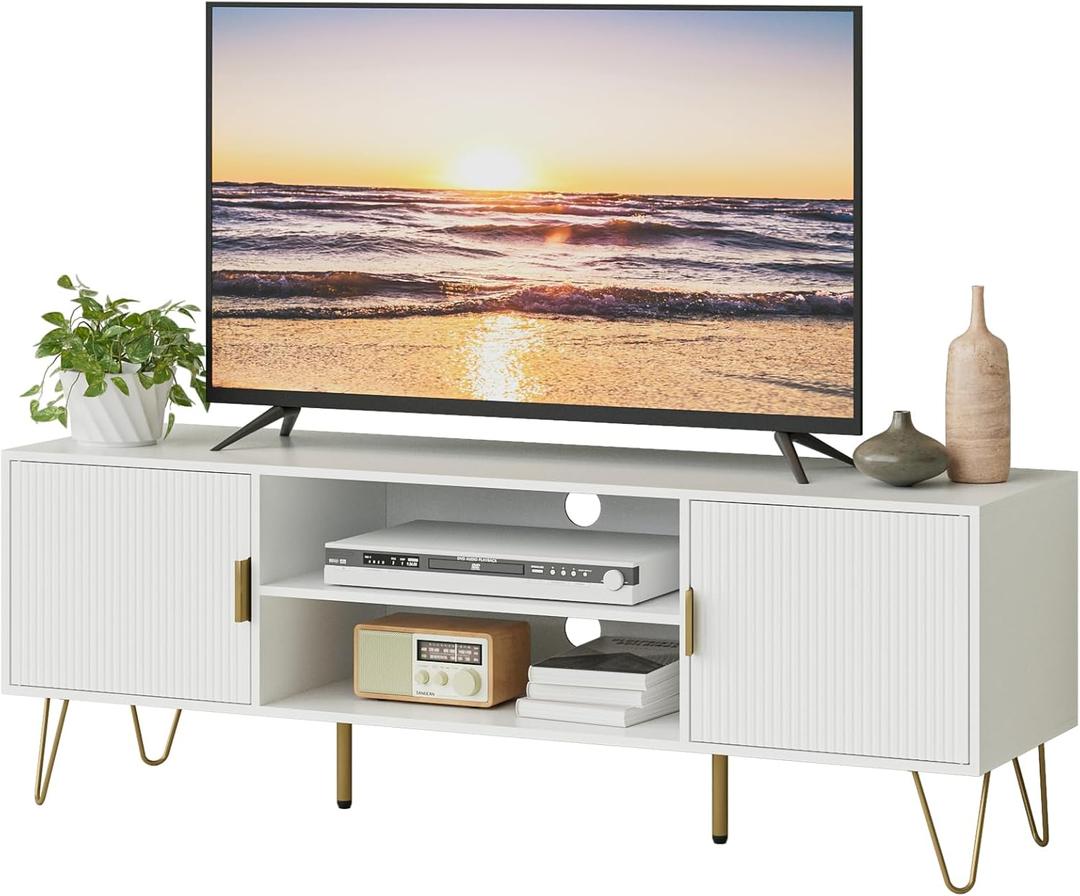 TV Stand for 55-65 Inch TV, Entertainment Center with Soft Hinge Door,TV Console Table with 2 Cabinets with Gold Handle and Feet,for Living Room, Bedroom, White