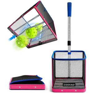 Pickleball Picker Upper 40+ Ball Capacity Hopper Holder, Foldable Basket with Telescopic Stainless Steel Handle, Quick Pickup No Bending Ball Retriever Collector, Portable for Court Training