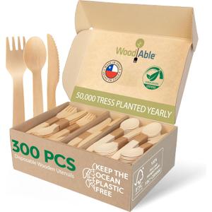 Disposable Wooden Cutlery Set - 100% Home Compostable - 300 Mix (120 Forks, 120 Spoons and 80 Knives) 6.5", Bamboo Utensils Alternative, Eco-Friendly, Organic, Sustainable and Carbon Neutral Certified