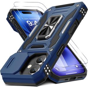 DEERLAMN Case for iPhone 17 6.3-Inch with Slide Camera Cover + Screen Protector (2 Packs), Rotated Ring Kickstand Military Grade Shockproof Protective Cover-Navy Blue