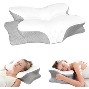 Wave Support Cooling Pillow for Neck & Back Pain Relief , Odorless Ergonomic Butterfly Memory Foam Pillows, Orthopedic Bed Pillow for Side Back Stomach Sleeper Help to relieve pain and improve sleep (White-gray)