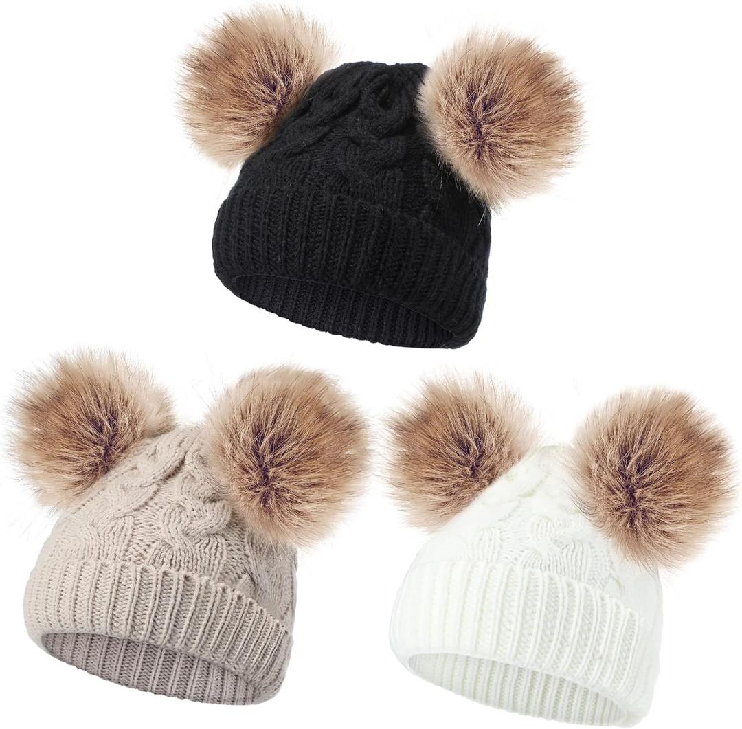 3 Pieces Baby Beanies Toddler Kids Hats Winter Double Pompom Beanies Caps Knitted for Girls Boys (One Size, Black, White, Khaki)