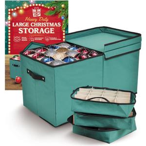 Holiday Cheer Premium Christmas Ornament Storage with 8 Tray  Christmas Storage Container with Dividers Perfect for Holiday Decorations Fits 128 Holiday Ornaments  Tear-Proof Fabric (Large, Green)