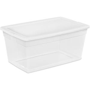 Sterilite 90 Qt Storage Box, Stackable Bin with Lid, Plastic Container to Organize Clothes, Blankets, Towels in Closet, Clear with White Lid, 1-Pack