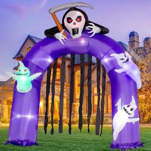6FT Halloween Inflatables Giant Grim Reaper Arch with Three White Ghost, Built-in LEDs for Halloween Blow-Up Indoor-Outdoor Decoration, Cute Fun Holiday/Party/Yard/Garden Fantasy Party Display