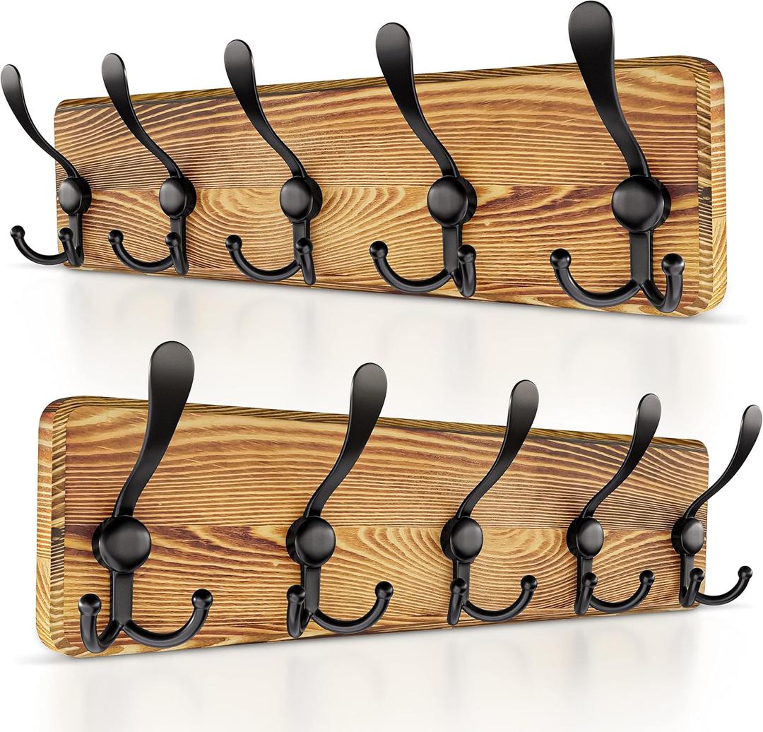 Rustic Coat Rack Wall Mount Solid Pine Wood Wall Coat Rack with 5 Triple Hooks Pre-Assembled Hook Rack 17" Long, 16" Hole to Hole Heavy Duty Wall Mounted Coat Hanger - 2 Pack