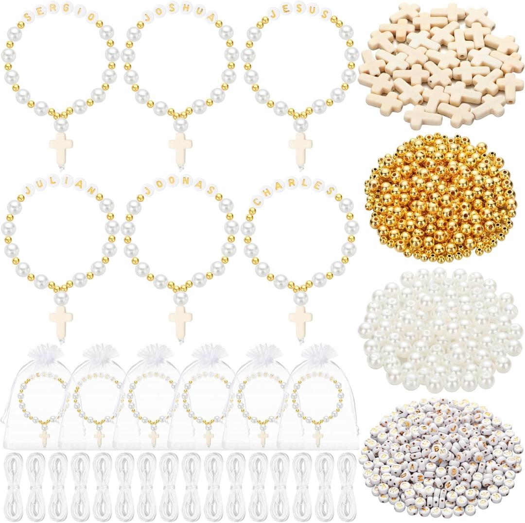 Cunno 1250 Pcs 24 Set Baptism Rosary DIY Bead Kit Baptism Favors Adjustable Rosary Making Kit Letter Beads Bag Cross Rosarios Catolicos Recuerdos De Bautizo Craft for Christening Wedding Party Favor