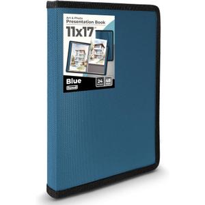 Dunwell 11x17 Art Portfolio Binder with Black Mounting Paper (Blue), Large Portfolio Folder for Artwork Storage, 24 Plastic Sleeves, Displays 48 Pages, Acid-Free Poly 11 x 17 Presentation Book