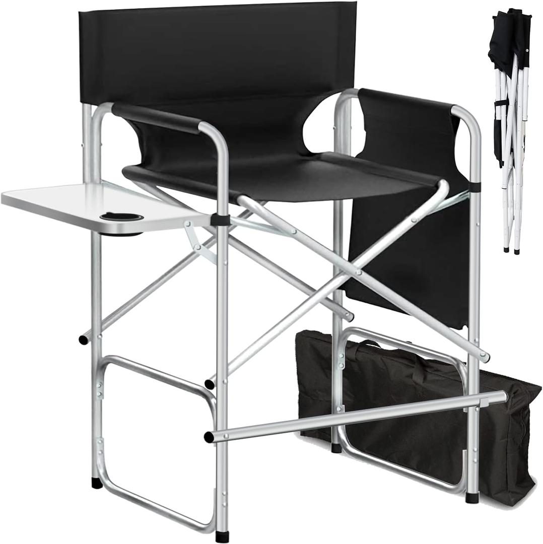 Makeup Artist Chair, 41'' Foldable Tall Directors Chairs w/Side Table Cup Holder Storage Bag and Footrest, Portable Makeup Chair, 400LBS Load Capacity, Black