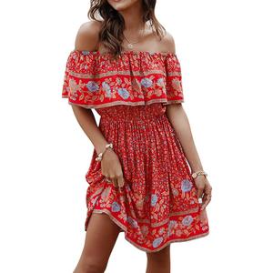 Off Shoulder Boho Floral Swing Mini Dress Summer Strapless Pleated Short Dress  (Large)