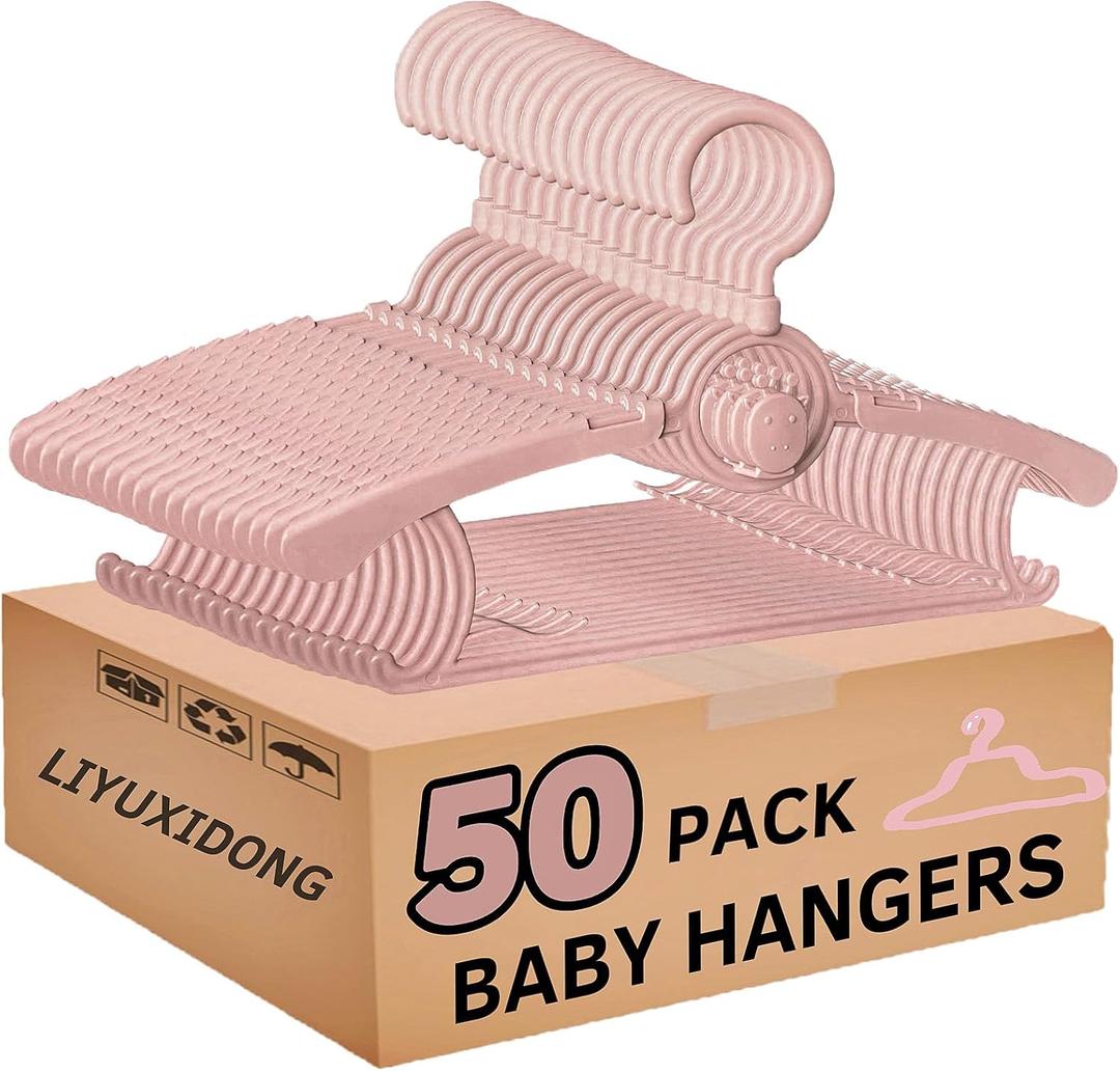 Baby Nursery Closet Hangers, 360 Swivel Hook Kids Hanger, Non-Slip Plastic Infant Hanger, 50pcs Nude Pink 11-14.5" Adjustable Baby Clothes Hangers for Girl Boy Toddler