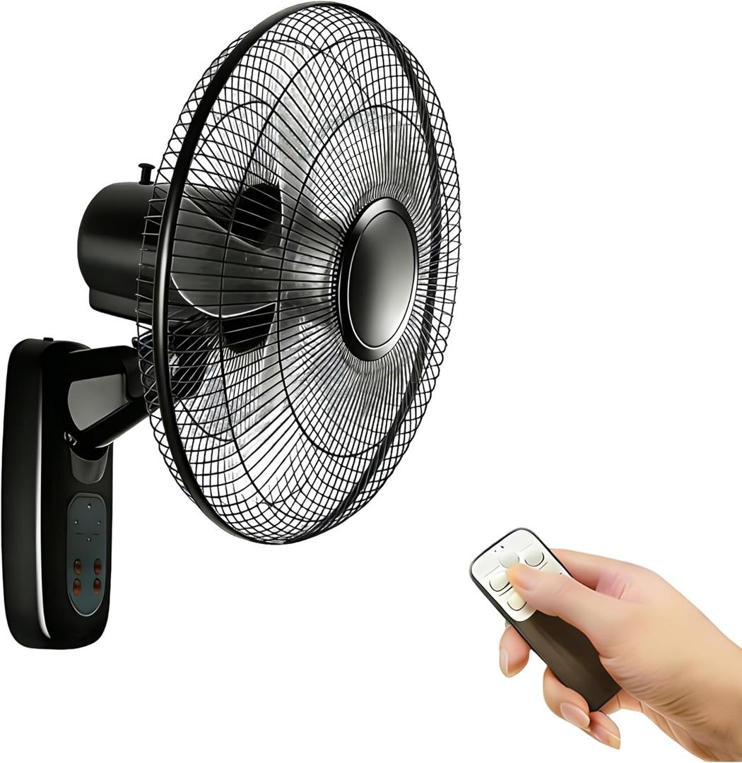Aottop 16 inch Wall Mount Fan with Remote Control - 3-Speed and 3 Modes, Timer Function, Adjustable Head, Oscillating Fan for Home and Office - Black