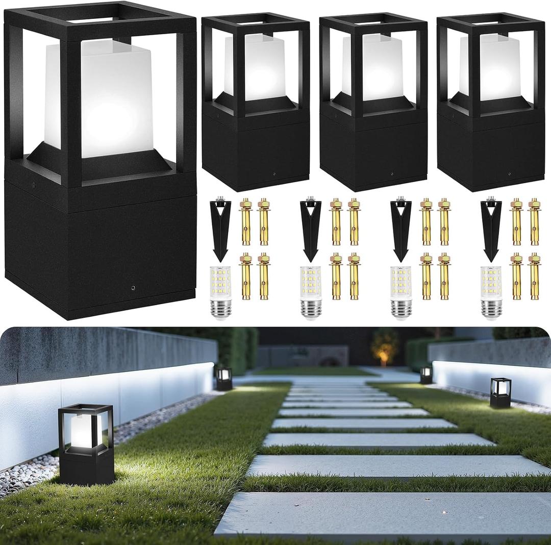 Gardencoin Landscape Bollard Lights Outdoor, Low Voltage 12V LED Pathway Lighting, Modern Post Lantern Wired, Aluminum Waterproof Floor Pillar Lighting with 5W 5000K E26 Bulb, 4 Pack