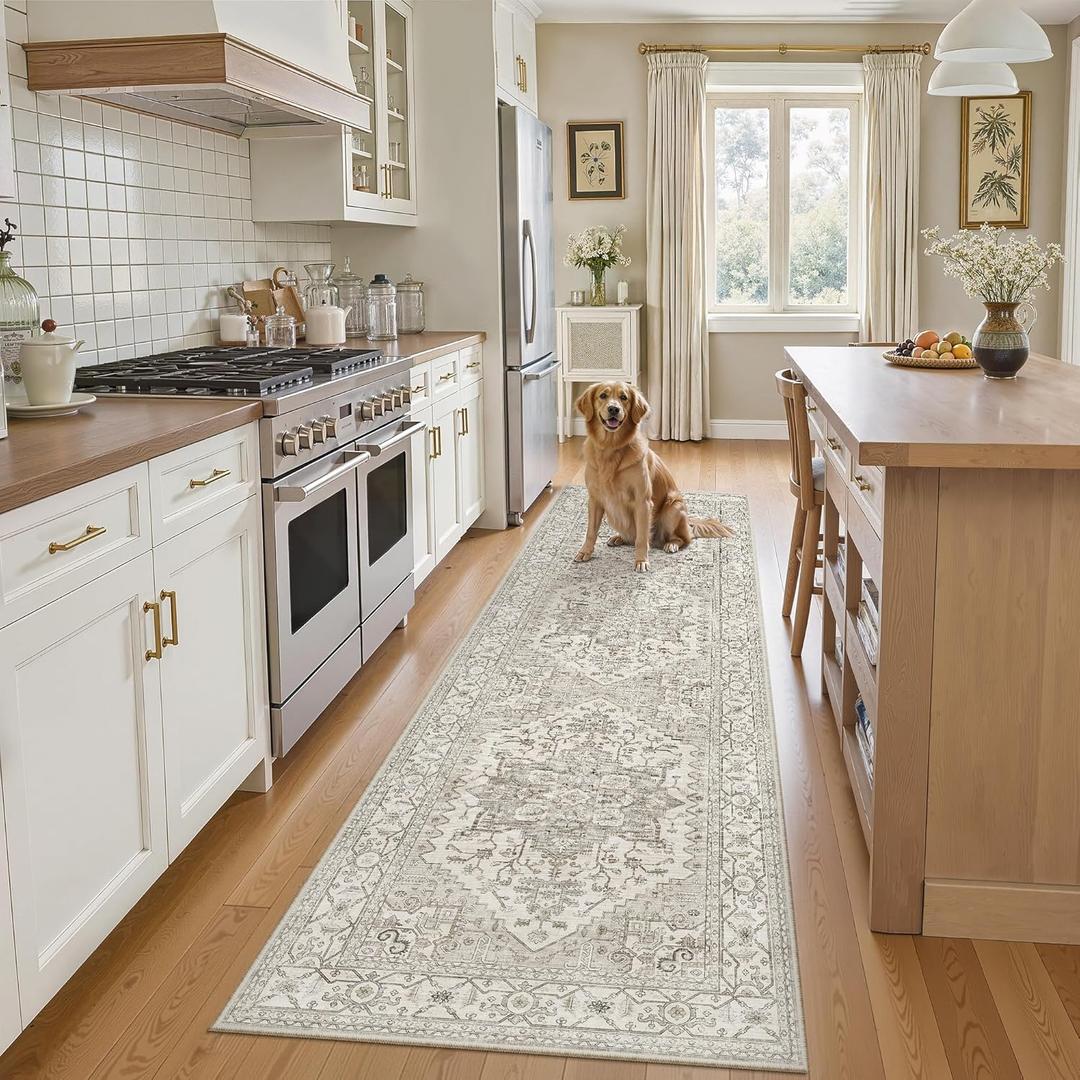 Madane Runner Rug 2x8, Washable Hallway Runner Rugs, Non-Slip Low-Pile Soft Kitchen Rug Runner Laundry Room Rug, Vintage Throw Entry Foyer Mat for Entrance Living Room (Beige/Brown, 2 x 8)