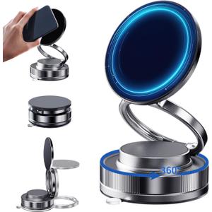 Vacuum Magnetic Phone Holder One-Handed Operation Foldable Adjustable Magnetic Phone Holder 360Rotation for Car/Bathroom/Gym/Kitchen Multi-Scene Application (Black)