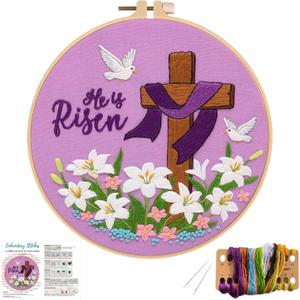 Nuberlic Lily Pattern Embroidery Kits for Beginner Adults, Cross Stitch Starter Kit with Embroidery Hoop Needles Threads Instruction -Easter Jesus