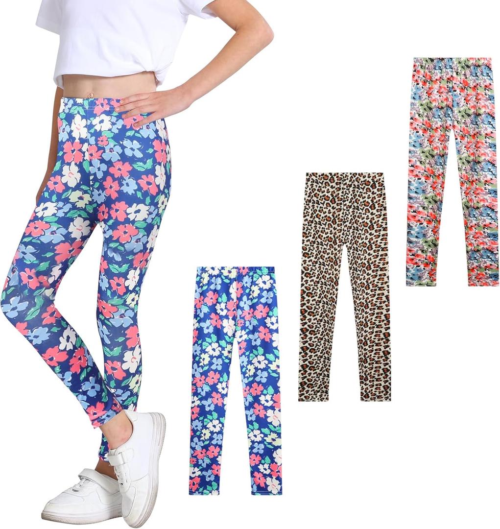 3 Pack Girls Printed Leggings Yoga Pants Leggings for Kids 2-12 Years (5-6 Years, Leopard/Floral/Chrysanth)