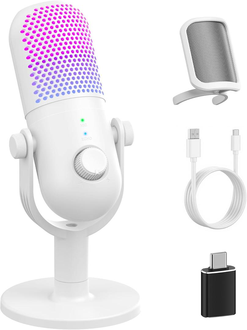 USB Microphone for PC Gaming: Condenser Microphone RGB for Gamer with Stand Mic - Recording Mic for Computer&Laptop with Qiuck Mute - Desk Podcast Mic for Podcast & Singing & Streaming & Youtube White