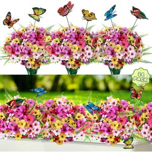 Artificial Flowers For Outdoors, 24 Bundles UV Resistant Fake Outdoor Flowers Faux Artificial Flower Plastic Plants for Outside Garden Porch Window Pot Spring Summer Home Decor (Multi Color-B, 24) (Rose Red+pink+purple+yellow+fern)