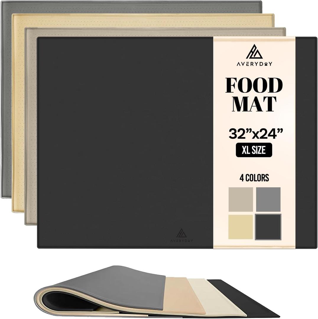 32x24'' Silicone Dog Mat for Food and Water, 0.63'' Edge Dog Food Bowl Mats for Floor Waterproof, Dogs Water Mat for Sloppy Drinker, Non Slip Rubber Pet Feeding Mats for Indoor Dogs and Cats (Black)