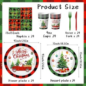 Christmas Paper Plates and Napkins,Red Green Buffalo Plaid Christmas Paper Dinnerware Xmas Tree Santa Claus Plates and Napkin Cups for Winter Themed Xmas Holiday Supplies
