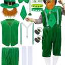 Leumoi 16 Pcs St. Patrick's Day Party Costume Include Leprechaun Hat with Beard Vest Suspender Shorts Bow Tie Shamrock Necklace Glasses Long Socks Gold Shoe Buckles Stickers for Irish Party Decoration