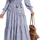 dowerme Women's Casual Dresses 2025 Fall Fashion Long Sleeve Button Up Floral Print Belted Tiered Boho Maxi Party Dress (S)