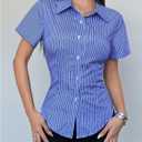 SweatyRocks Women's Striped Short Sleeve Button Down Shirts Business Work Fitted Collared Blouse (Blue, S)