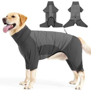 Dog Coats for Large Dogs Winter Waterproof, Fullbody Clothes Jumpsuit, Cold Weather Coats Pajamas, Four-Legged Snowsuit with Leash Hole, Large Dog Fleece Vest, L Grey