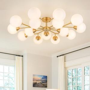 38.5" Semi Flush Mount Ceiling Light, 15-Light Modern Gold Ceiling Light Fixture with Opal Glass Globe, Mid-Century Large Sputnik Chandelier for Living Room Dining Room Hallway MISSING TWO LIGHTS