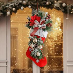 17" Christmas Stockings Swag Christmas Wreaths for Front Door with Bow Poinsettia Red Berries Pinecone Bell Ball Ornaments Pine Needles for Xmas Front Door Indoor Outdoor Window Decor