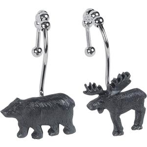 Woodland Black Bear Moose Shower Curtain Hooks, Rustproof Rustic Cabin Shower Hooks for Shower Curtain, 5 Roller Ring Balls Lodge Bathroom Curtain Hooks, Outdoor Decorative Animal Hooks, Set of 12