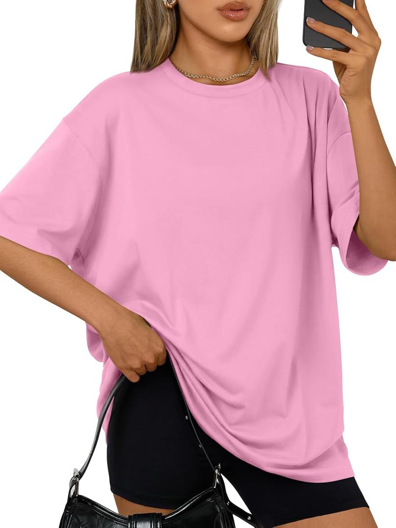 Trendy Queen Womens Oversized Summer T Shirts Plus Size Spring Cute Casual Tops Short Sleeves Fashion Workout Clothes (XX-Small, Pink)