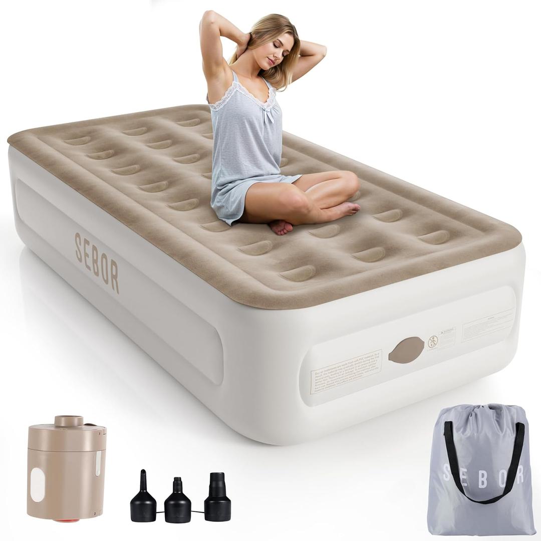 Air Mattress Twin with Built in Pump, 18" Ultimate Comfort Blow up Mattress Twin with Rechargeable Pump, Colchon Inflatable Mattress for Home, Guest, Camping & Office, Air Bed 660lbs Max (18 Twin, Khaki)