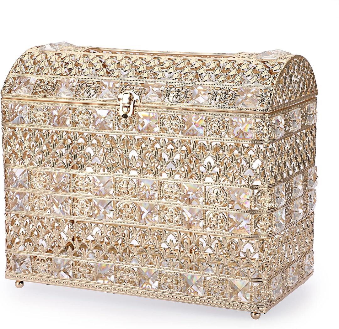 ELLDOO Crystal Wedding Card Box with Lid, Vintage Money Card Box Treasure Chest Style Gold Gift for Wedding Receptions, Centerpiece Decor, Anniversary, Keepsake, Gift Display Box