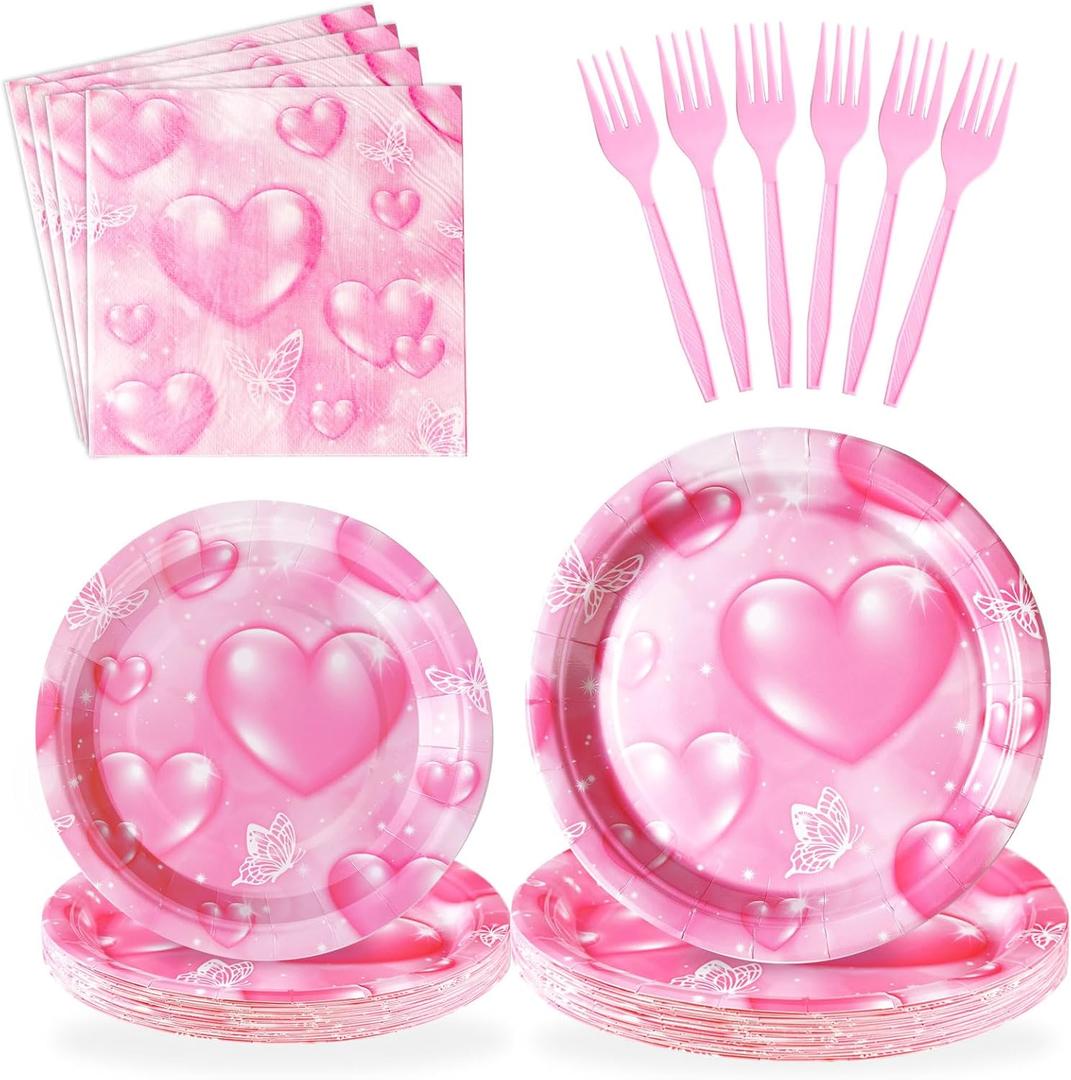Grencian 96Pcs 2000s Party Decorations Pink Heart Plates and Napkins Disposable Y2k 90s Pink Heart Paper Tableware Set for Birthday Wedding Baby Shower Y2K Party Supplies, Serves 24