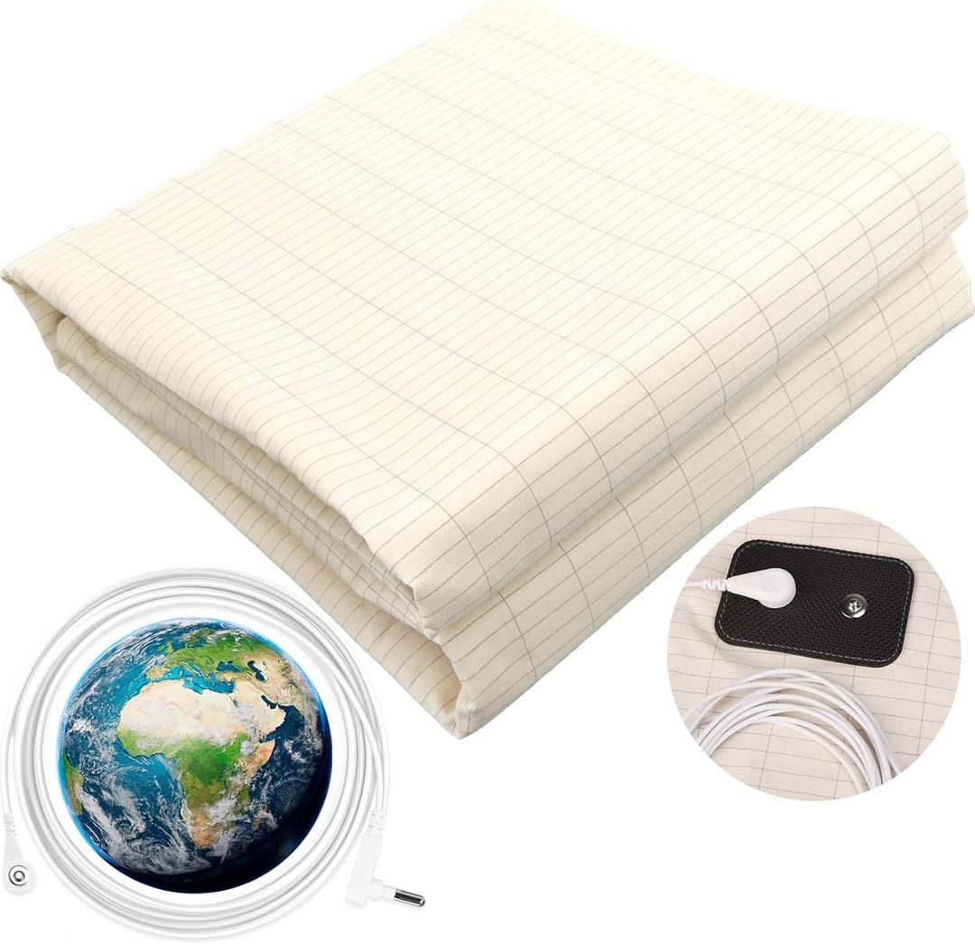 Grounding Flat Sheet King Improve Sleep Conductive Earthing Bed Sheet 10% Pure Sliver and 90% Organic Cotton with 15ft Grounding Cord Beige 76x80in